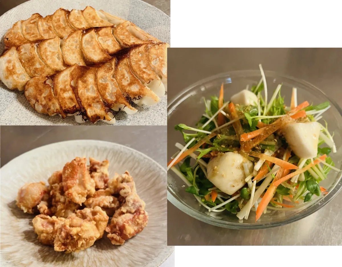 Gyoza and Karaage Course: pan-fried gyoza, karaage and a fresh vegetable salad
