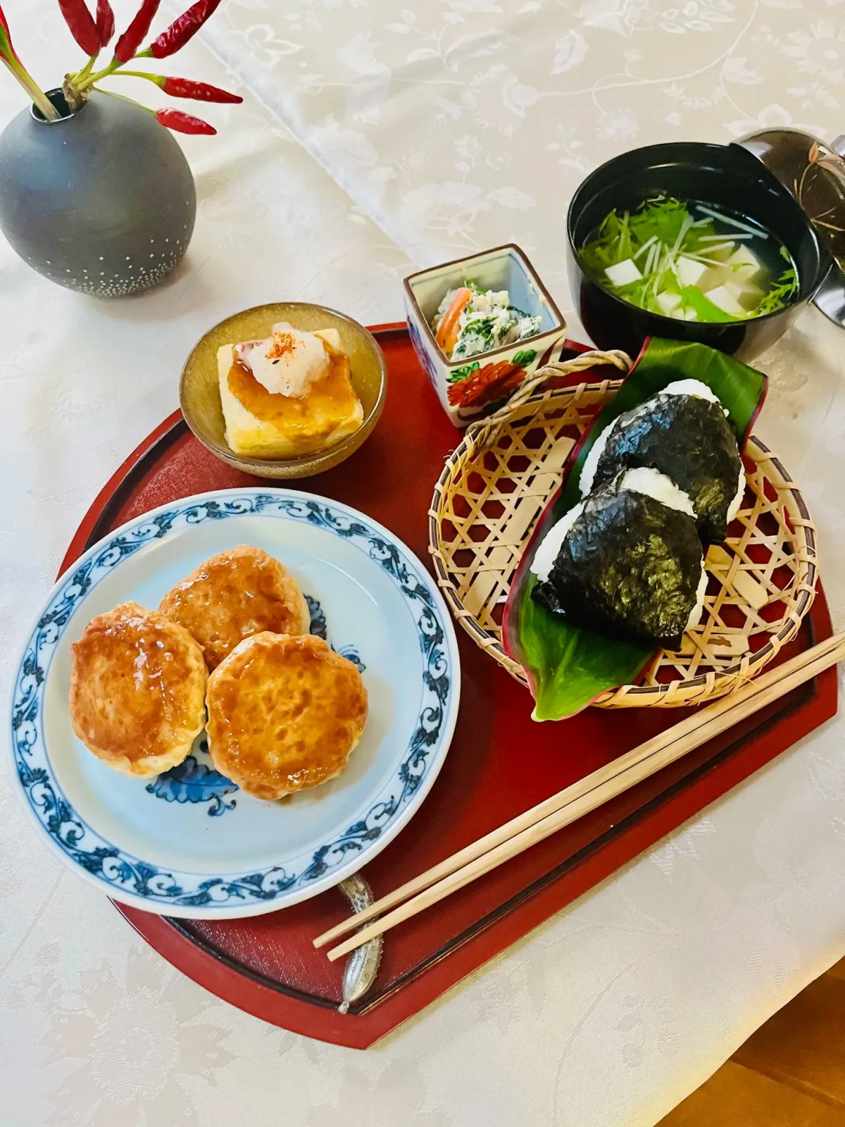 Tofu Course: tofu hamburger steak, agedashi tofu, onigiri and clear soup